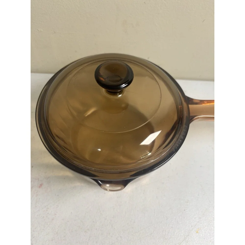 Vintage Corning Vision Ware 1 L Amber Glass Pot Sauce Pan With Lid Made In USA